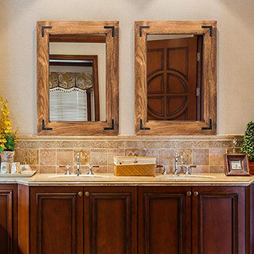 Rustic Wooden Wall Mirror - 32x24 Inch Farmhouse Bathroom Vanity Mirror - Brown - Vertical or Horizontal Hanging