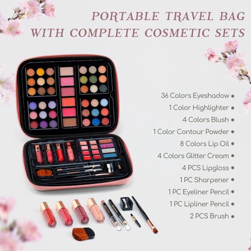 Pink Color Nymph Makeup Kit for Teen Girls, Beginner Cosmetic Set with 36 Eyeshadows