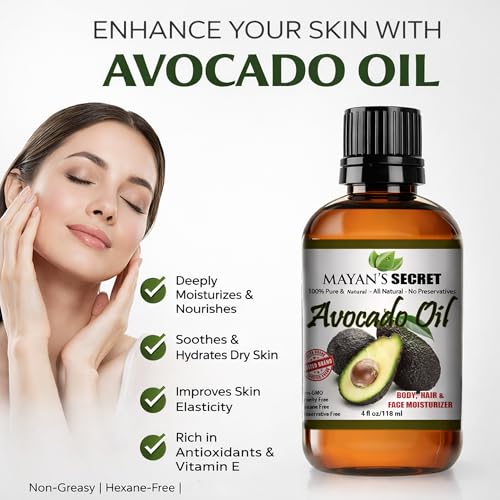 Mayan's Secret - Avocado Oil For Hair and Skin - Natural Dry Skin Face Moisturizer - Collagen Boosting for Aging Skin Combat Fine Lines and Wrinkles