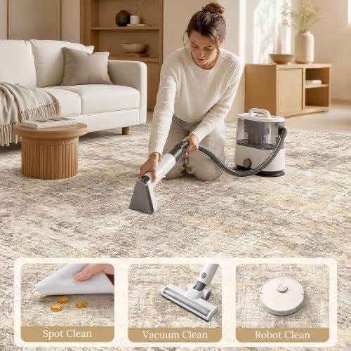 Beige 9x12 Area Rug for Living Room - Washable Soft Abstract Floor Cover