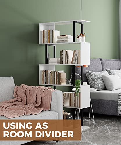 Gadroad 5-Tier S-Shaped Tall Bookshelf - White, 27.56W x 62H, Space-Saving Storage