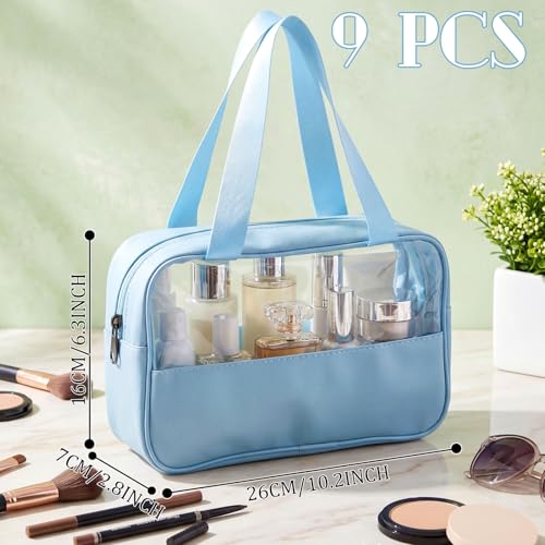 Translucent Makeup Bag Set - Blue Travel Organizer 9 Pcs - Waterproof