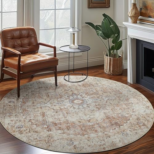 Jinchan 8ft Round Medallion Vintage Area Rug - Brick Red, Machine Washable