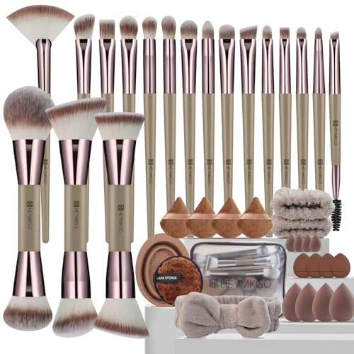 HEYMKGO Makeup Brushes, 40Pcs Professional Makeup Brush Set Dual Ended Foundation Blush Concealer Contour Powder Eyeshadow Make up Tools with Sponges Puffs Clear Bag for Blending Buffing Highlighting