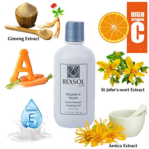 REXSOL Vitamin C Foaming Gel Face Wash | Anti-Aging Cleanser for Sensitive Skin | Natural Daily Facial Cleanser with Vitamins A & E - 8.1 OZ