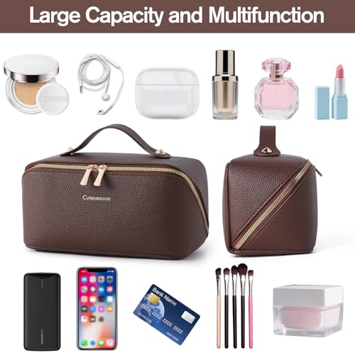 Makeup Bag, Travel Toiletry Bag for Women, Large Capacity Waterproof PU Leather Cosmetic Bags Make Up Organizer Bags with Headband and Wristband Set (Black, Lychee Pattern)