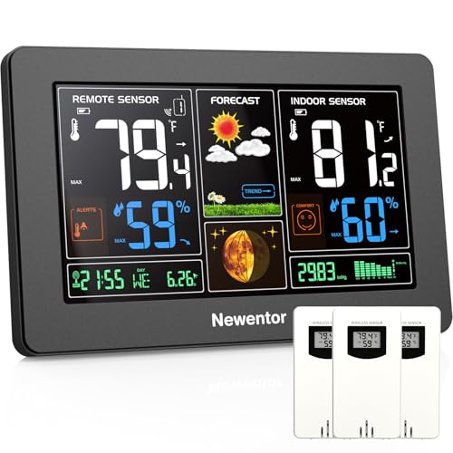 Newentor Weather Station: 3-Sensor Wireless Indoor/Outdoor Thermometer in Black (3 Sensor)