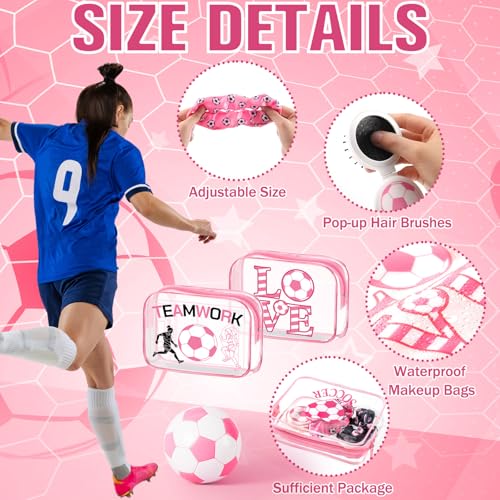 Pink Soccer Gift Set for Women Includes Makeup Bags, Hair Scrunchies & Brushes – Soccer Theme Party Favors (Pink / Soccer)