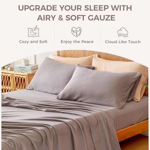 King Size Cotton Muslin Sheet Set - Grey 4-Piece Breathable Bed Sheets