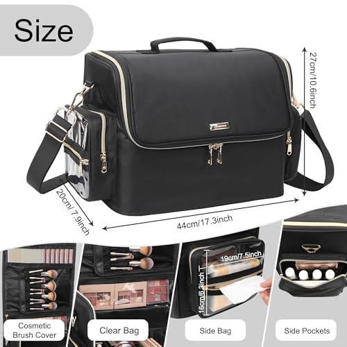 Professional Makeup Artist Bag, Extra Large Makeup Bag Organizer Travel Cosmetic Train Case Tattoo Case Makeup Organizer Box with Adjustable Dividers &Shoulder Straps(Black, Extra Large)