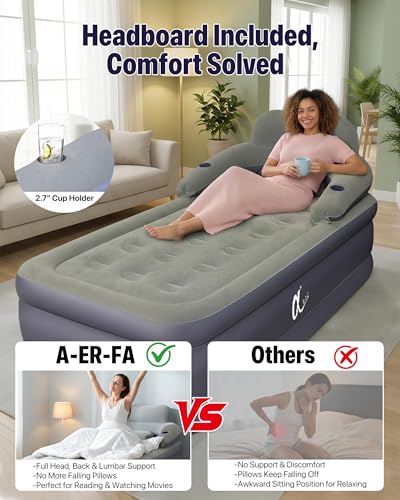α阿尔法 Twin XL Air Mattress with Built-in Pump, Headboard & Cup Holders, 20" Height