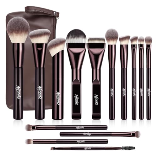 14-Piece Professional Makeup Brush Set with Travel Cosmetic Bag - Brown