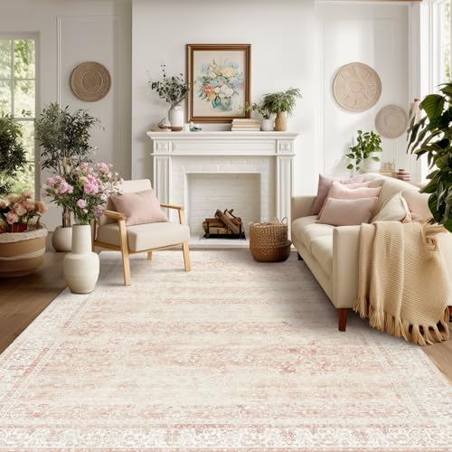 5x8 Pink Floral Washable Vintage Distressed Rug for Bedroom - Pink