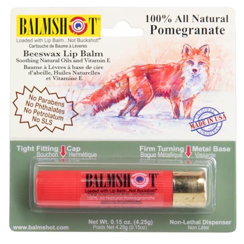 BALMSHOT Pomegranate Lip Balm SPF 15 ? Natural Beeswax Chapstick, Moisturizing Lip Protector for Very Dry Lips, 20-Gauge Brass Shotgun Shell Case, Outdoor Heat Tolerant, Made in USA