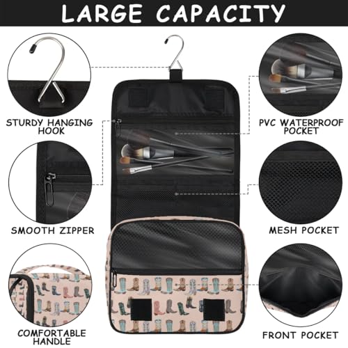 Travel Toiletry Bag for Women Men with Hanging Hook Pink Retro Western Print Cowboy Pattern Makeup Cosmetic Bag Organizer Travel Bag for Toiletries Essentials Accessories, Large Size