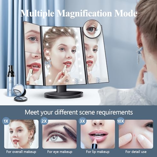 HUONUL Lighted Trifold Makeup Mirror with 2X/3X/10X Magnification - Black