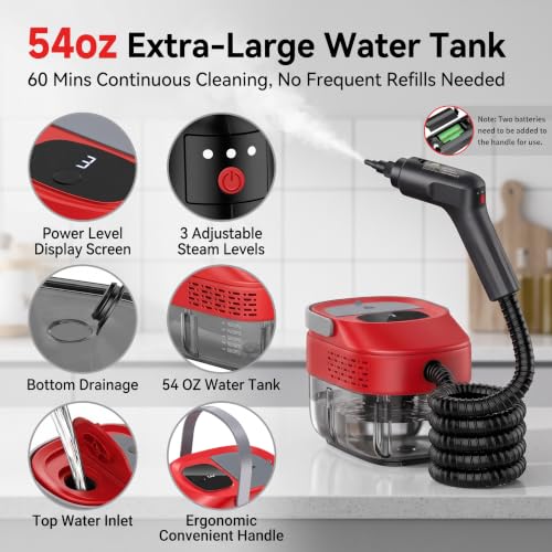 Steam Cleaner with 54oz Water Tank & 16-Piece Home & Car Cleaning Set - Red