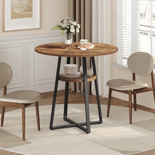 Round Dining Table for 2-4 with Storage Shelf - Rustic Brown & Black, 31.5 Inch