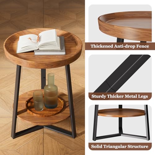 Round End Table with Storage Shelf - Brown 2-Tier Farmhouse Nightstand