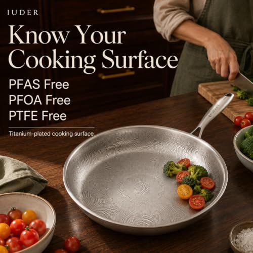 IUDER 12-Inch Titanium Frying Pan with Lid, Coating-Free, Hammered Surface