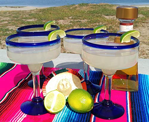 Mexican Hand Blown Glass Drinkware Set - 4 Margarita Glasses & Pitcher - Blue Rim