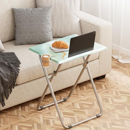 Sea Blue Marble Folding TV Tray Table Set of 4 - Portable Snack & Dinner Tables