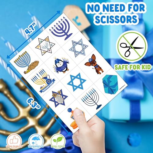 96 PCS Happy Hanukkah Pre-cut Temporary Tattoos Sticker Birthday Light Chanukah Party Decorations Supplies Favors Boys Girls Menorah Star David Dreidel Cute Fake Tattoo Reward Themed Christmas Holiday
