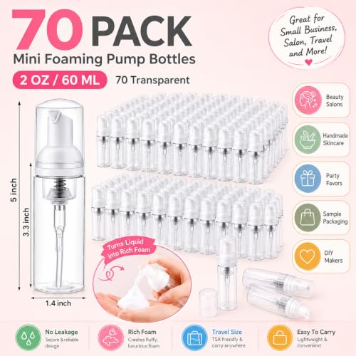 Mini Foam Pump Bottles 2 Oz Refillable Transparent Pack of 70
