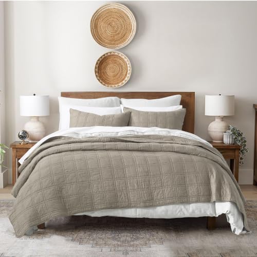 HORIMOTE HOME King Size 100% Cotton Quilt Set Taupe Geometric Pattern All Season Bedding