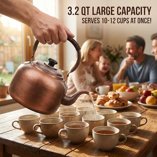 Bronze 3.2 Quart Solid Copper Whistling Kettle - Large Capacity & Cool-Touch Handle