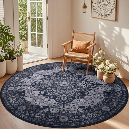 Blue 8ft Boho Round Rug - Vintage Non-Slip Washable Floor Carpet for Living Room