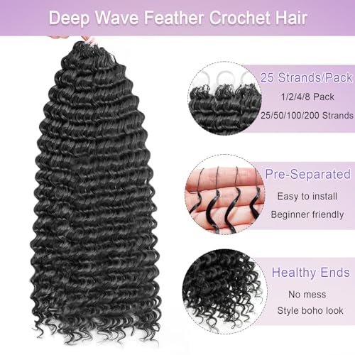 Peliri 20 Inch Feather Crochet Hair Extensions 50 Strands Deep Wave Curly Synthetic Hair for Black Women