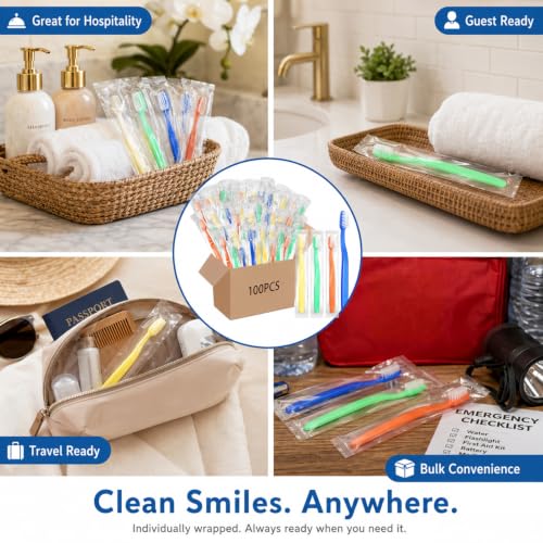 100 Pcs Prepasted Disposable Toothbrushes Bulk Individually Wrapped - Travel & Hotel Use