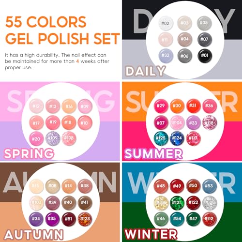 COSCELIA 60PC Gel Nail Polish Kit with U V light 55 Colors Gel Nail Polish Set 5PC Top Base Coat Glitter Rhinestones All Seasons French Manicure Starter Kit at Home for Women Girls