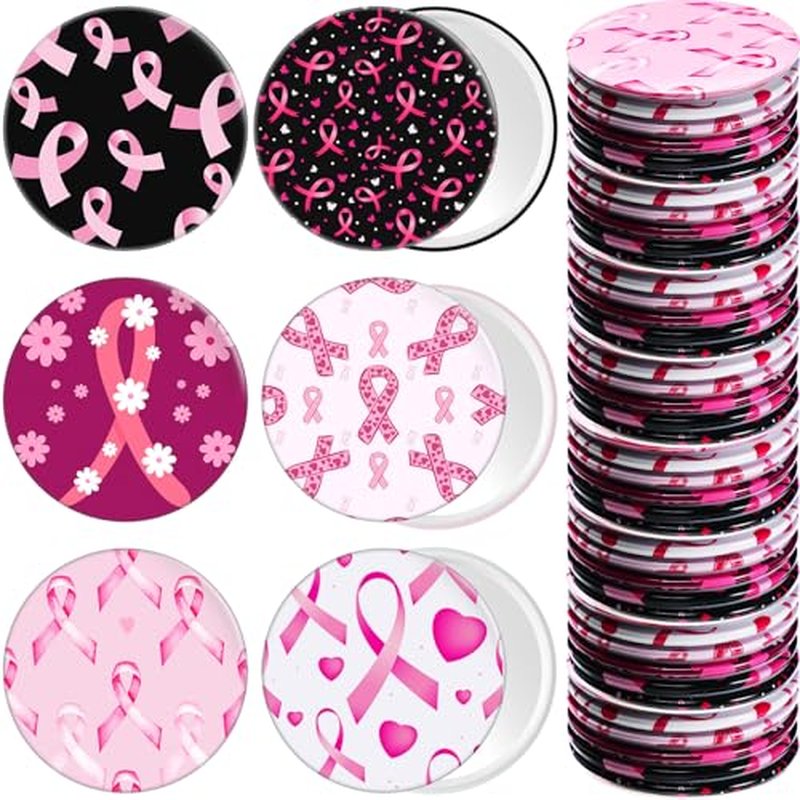 48 Pcs Breast Cancer Awareness Mini Mirrors Gifts Bulk Pink Ribbon Compact Folding Makeup Mirrors Breast Cancer Awareness Accessories Gift for Women Friends(Stylish Pattern)