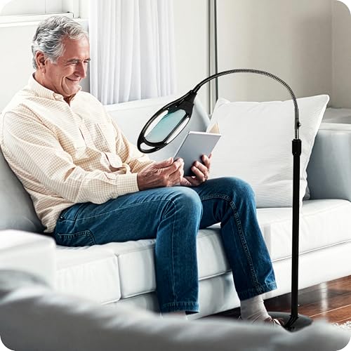 Magnifying Floor Lamp with Bright LED Light - 3 Diopter Black Gooseneck Reading & Work Light
