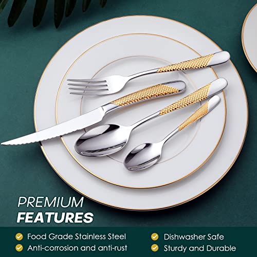 OGORI Hammered Silver Gold Flatware Set 24 Pieces for 6 - Elegant Stainless Steel Dinnerware