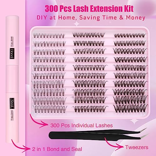 Eyelash Extensions Kit 300 Pcs Lash Clusters Individual Lashes with Strong Hold Lash Bond and Seal and Cluster Eyelashes Applicator Tool (20D/30D/40D)