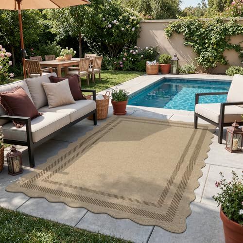 4x6 Outdoor Washable Jute Area Rug with Non-Slip Back - Tan Geometric Indoor Outdoor Mat