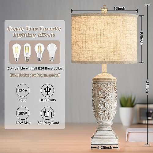Fullarge 27.5-inch Cream/Oatmeal Farmhouse Table Lamps Set of 2 with USB Ports
