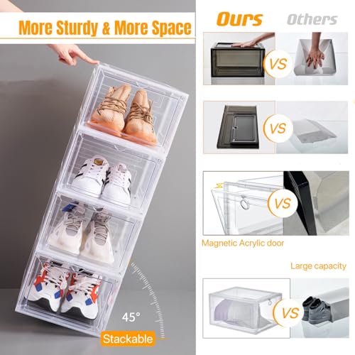 Clear Black Stackable Shoe Storage Boxes - XL 9 Pack with Magnetic Doors