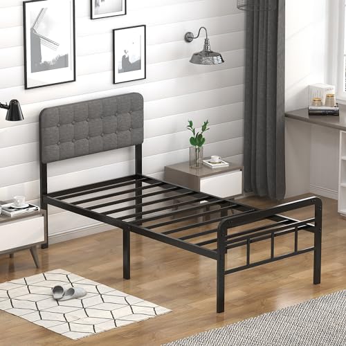 Twin XL Bed Frame with Upholstered Headboard and Metal Footboard - Heavy Duty, No Box Spring Needed, Easy Assembly