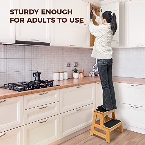 Wooden 2 Step Stool for Adults, 17.5 Inch, 500 lb Capacity, Non-Slip