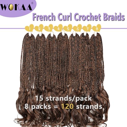 WOKAA French Curl Crochet Braids 24 Inch - 8 Pack Pre-Looped Goddess Box Braid Extensions with Curly Ends, Natural Look