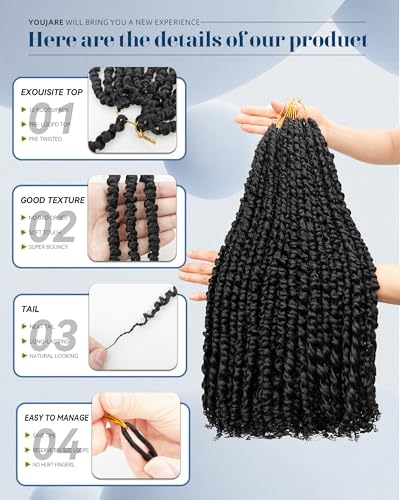 Pre-Looped Passion Twist Crochet Hair Extensions 20 Inch - 8 Packs, Natural Black, Easy Install