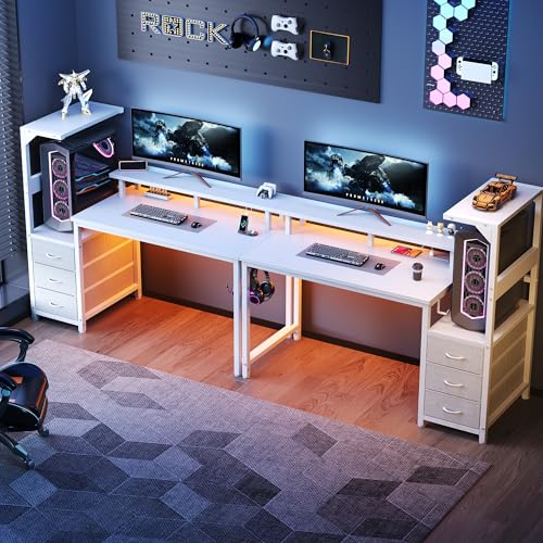 52-Inch Reversible Gaming Desk with LED Lights Power Outlets - White