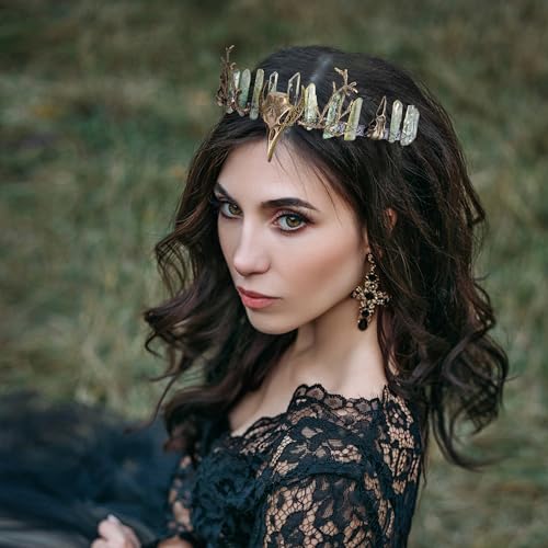 Green Fairy Crystal Crown Tiara - Handmade Raw Quartz Headpiece, Green-Bronze Variation