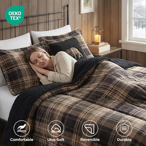 Woolrich King Reversible Plush Sherpa Comforter Set Brown & Black 4PC