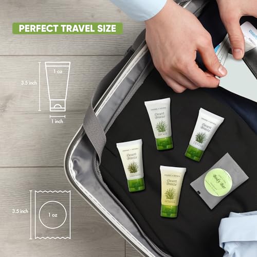 Travel Size Hotel Toiletry Set 75 Count 1 oz Bottles Guest Amenities for Vacation Rentals and Short Term Rentals Paraben Free Green Tea Lemongrass Scent Infused with Aloe and Olive Oil | Desert Breeze