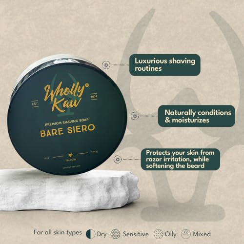 WhollyKaw Unscented Suitable for Sensitive Skin Bare Siero Tallow Shaving Soap Enriched with Donkey Milk, Water Buffalo Milk, Whey Proteins, Omega 3, Hops Extract No Essential Oils No Fragrance.